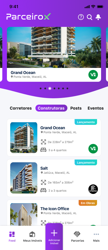 Feed de lançamentos de construtoras no app ParceiroX