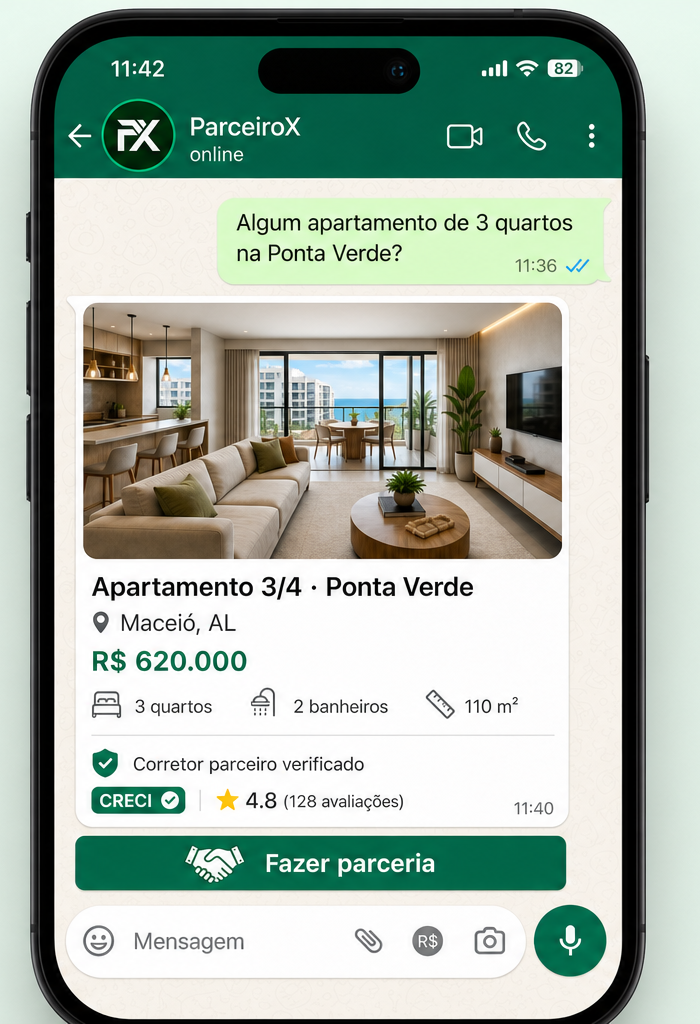 Tela do app ParceiroX com o imóvel e o botão Fazer parceria, mostrando o corretor parceiro verificado com CRECI