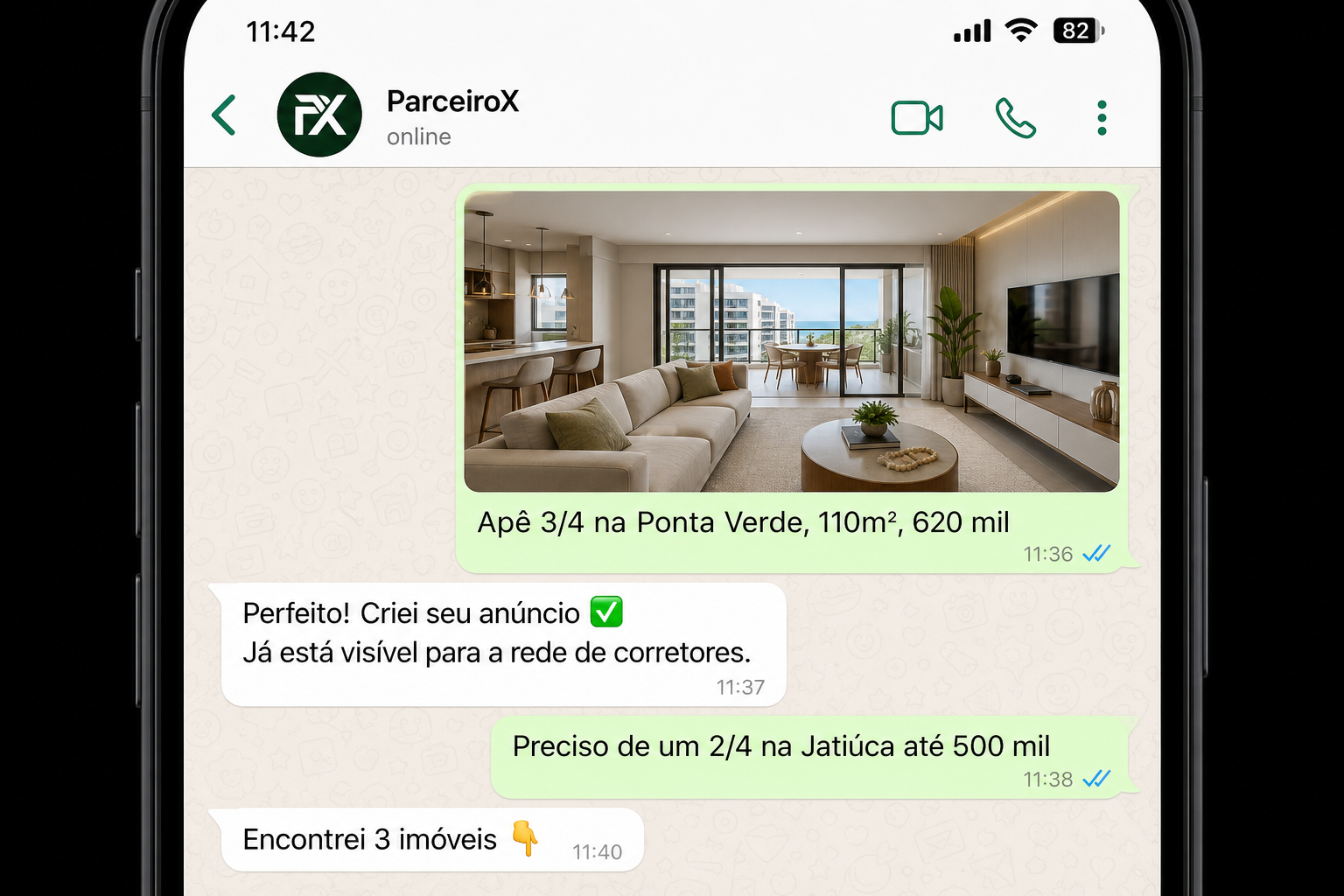 Conversa no WhatsApp: corretor anunciando e buscando imóveis com a IA do ParceiroX
